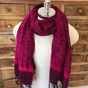 Large pink and black paisley soft fringed scarf